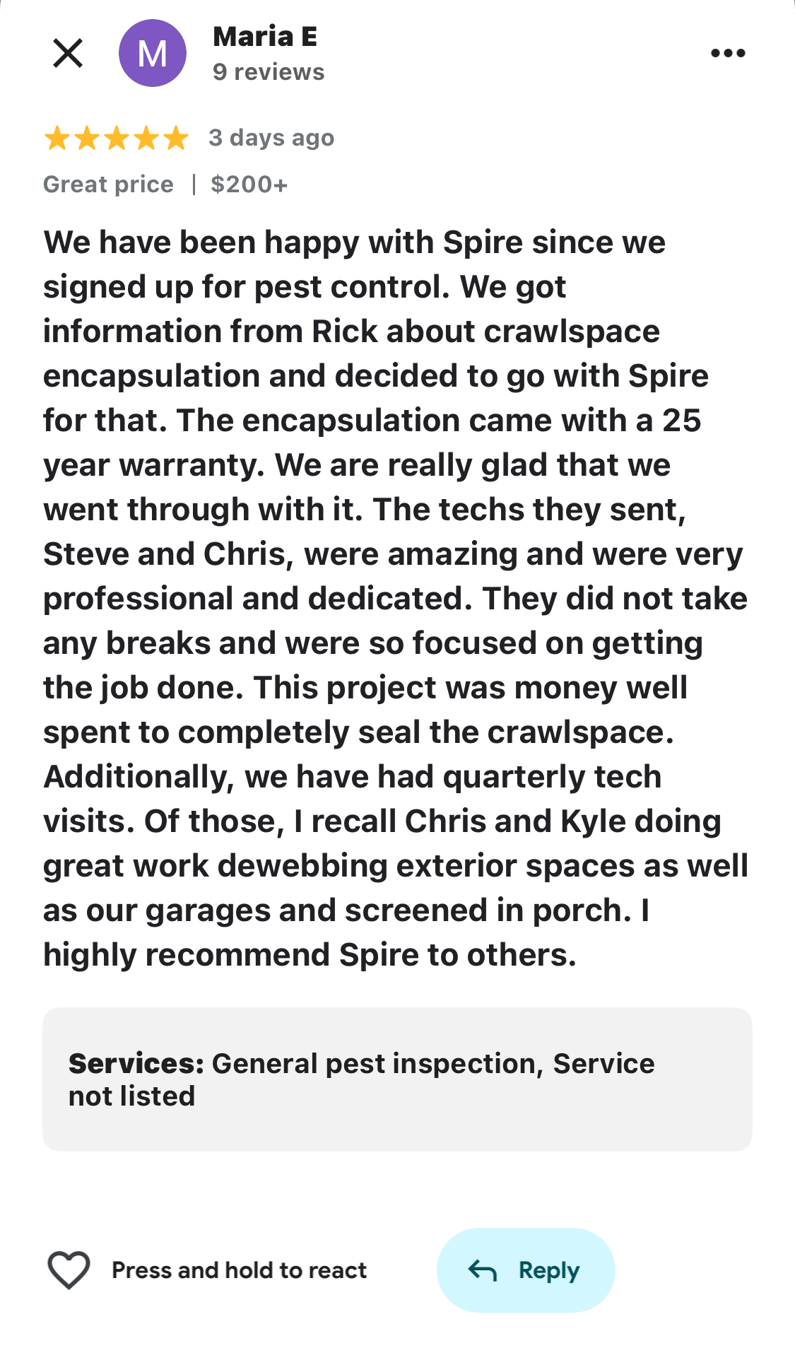 5-star review from Maria E about Spire crawlspace encapsulation